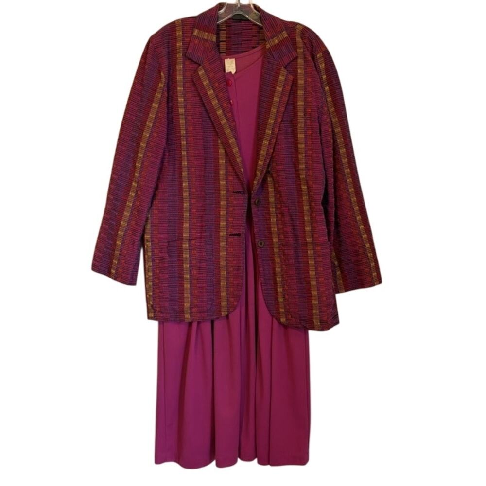 Vintage Liz Sport 2-Piece Dress Blazer Set Size 8 Magenta Striped Cotton